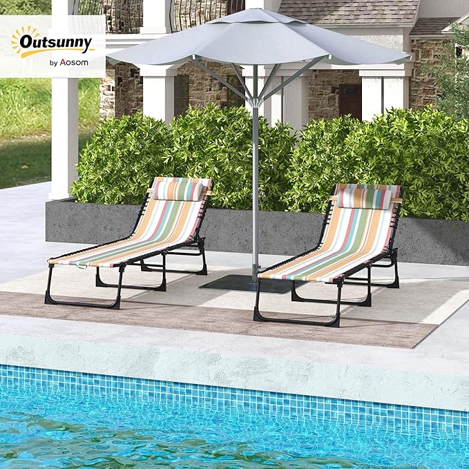 Outsunny Folding Chaise Lounge Chair Set of 2, Patio Sun Tanning Chair, Outdoor Chaise Lounger with 4-Position Reclining Back, Breathable Mesh Seat for Beach, Poolside, Rainbow Striped
