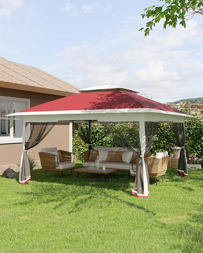 Canopy Tent 13x13 ft, Pop Up Gazebo One-Push Setup with 4 SandBags for Backyard Parties and BBQs, Mosquito Netting & Height Adjustable - Red