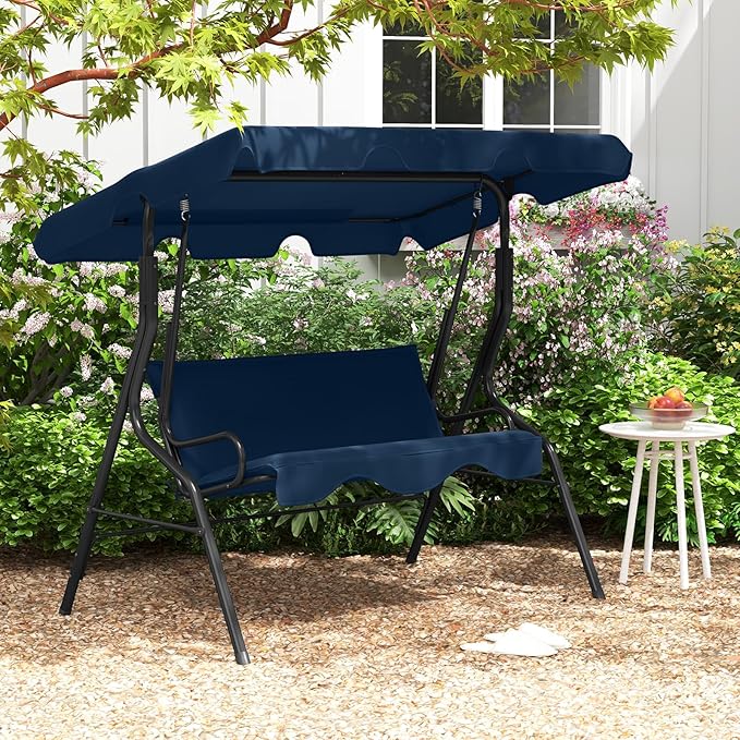 Tangkula 3 Person Porch Swing, Patio with Removable Cushion & Powder-Coated Steel Frame, Outdoor Swing with Canopy for Porch, Backyard, Garden, Balcony(Navy)
