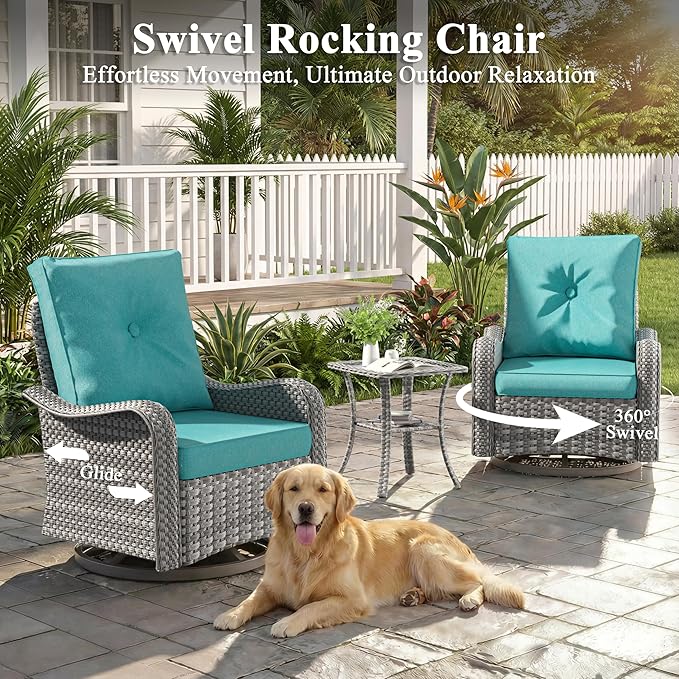 2-Seat Modern Patio Furniture Set with Swivel Rocking Chairs, Thick 4″ Cushions, Dual-Strand Wicker Rattan, Rust-Resistant Steel Frame – Outdoor Conversation & Modular Sectional,Blue