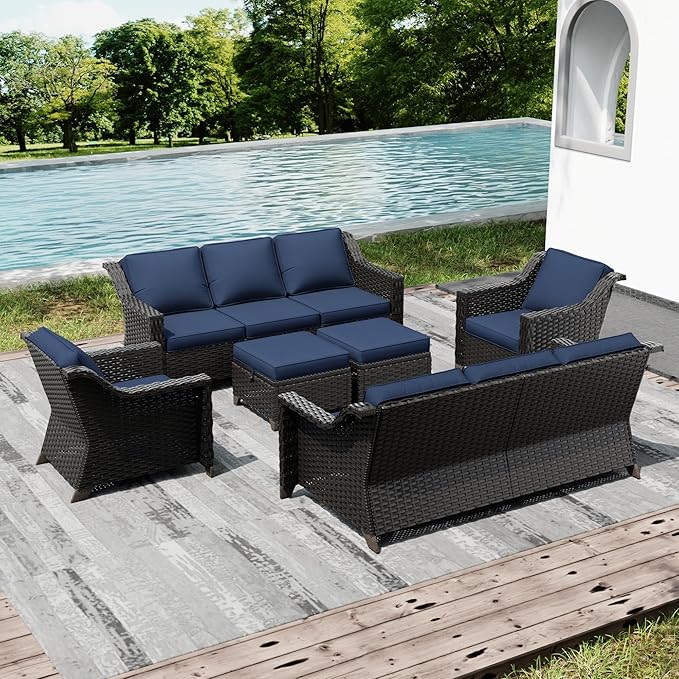 Joyside Wicker Patio Furniture Sets, 6 Pieces Upgraded Large Size Outdoor Furniture with Swivel Rocking Patio Chairs, Two 3-Seat Sofa, Outdoor Ottoman, Thick Cushions, Wide Armrest, Blue