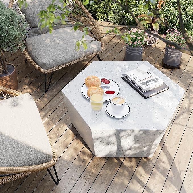 UPHA Outdoor Hexagon Coffee Table, Small Modern Minimalist Accent Tables, Low Light Concrete Center Table for Living Room, Outside Patio, Deck, 35×30.7×15, Off-White
