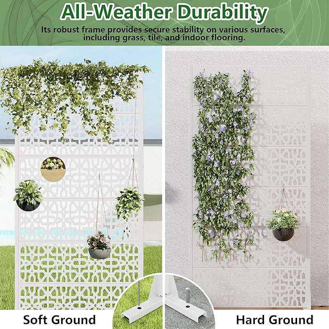 Casaphoria Metal Privacy Screen Outdoor, 72" H x 35" W Freestanding Decorative Privacy Screen for Patio Deck Balcony Garden with Stable Base, White-Perilla