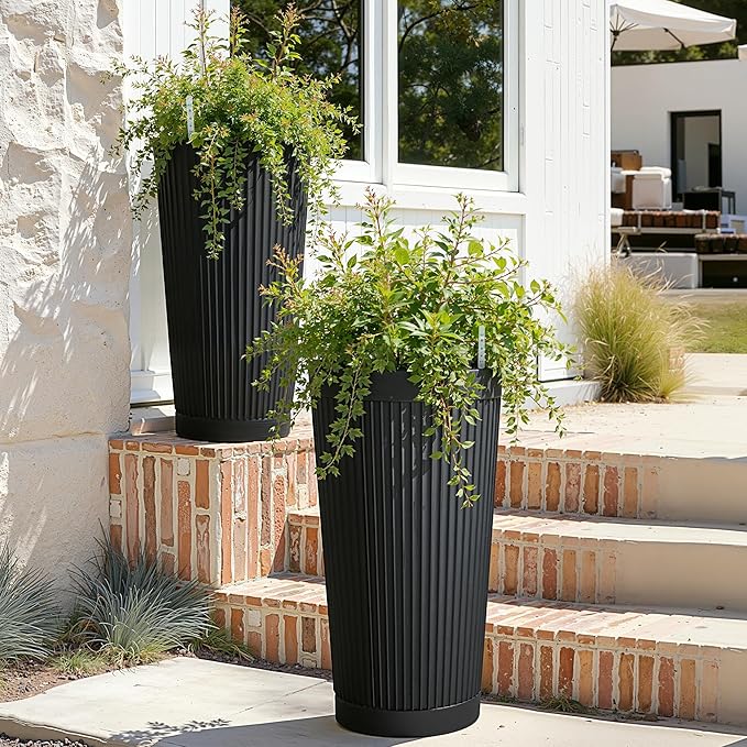 Self Watering Tall Black Planters Outdoor Set of 2, 24” Flower Pots Planters for Outdoor Plants, Modern Plastic Tall Planter for Front Porch, with Drainage Hole (Ribbed)