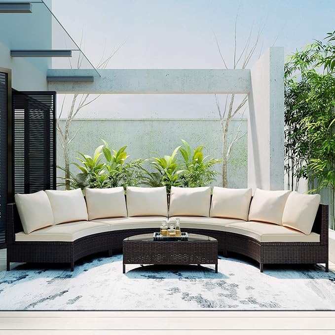 Merax 5-Piece Outdoor Sectional Sofa Set, All-Weather PE Wicker Patio Furniture with Tempered Glass Table, Half-Moon Conversation Set for Garden, Deck, Backyard Living Area,Beige
