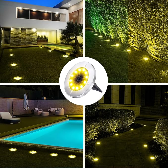 Biling Solar Ground Lights Outdoor 12 Packs, Bright 12 LEDs Solar Lights Outdoor Waterproof for Yard Walkway Garden Driveway (Warm White)