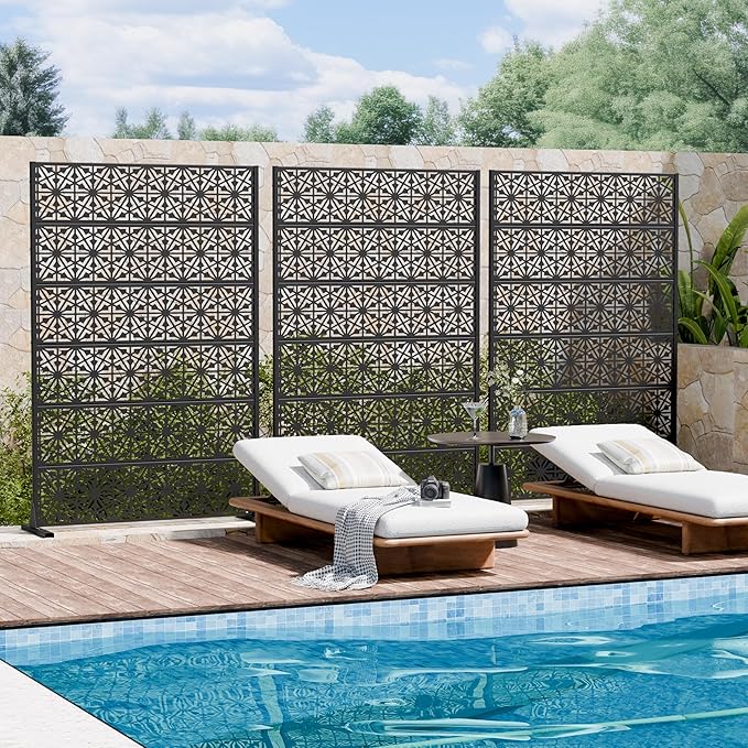 Casaphoria Metal Privacy Screen Outdoor, 72" H x 47" W Freestanding Decorative Privacy Screen for Patio Deck Balcony Garden with Stable Base, Black-Gene