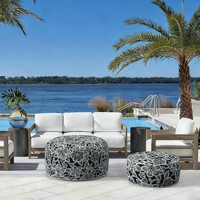 LVTXIII Indoor/Outdoor Inflatable Ottoman with Handle D21 x H9 Inch, Weather-Resistant Round Footstool Pouf for Patio Camping Living Room, Portable Footrest Extra Seating, Flower Black
