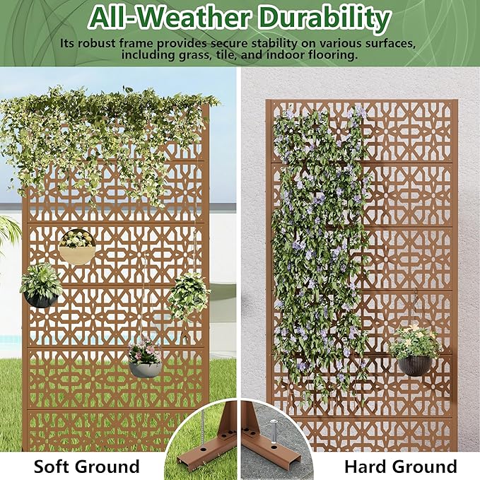 Casaphoria Metal Privacy Screen Outdoor, 72" H x 35" W Freestanding Decorative Privacy Screen for Patio Deck Balcony Garden with Stable Base, Brown-Perilla