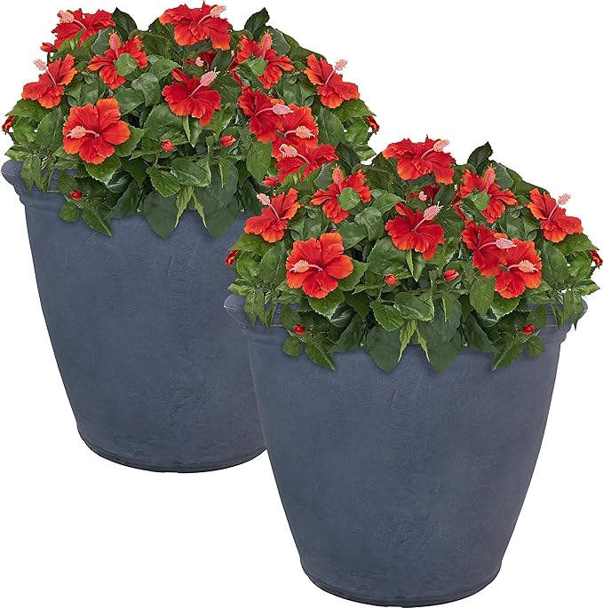 Sunnydaze 20-Inch Anjelica Large Plastic Pot for Plants - Outdoor Double-Walled Large Plastic Planter with Drillable Drainage Holes - Slate - 2pk