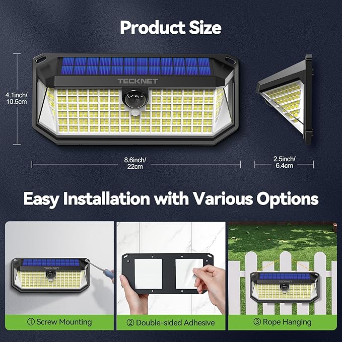 TECKNET 461 LED Solar Powered Outdoor Lights, 270° Angle & 3 Lighting Modes Motion Sensor Light Outdoor, Security Solar Lights Waterproof - 6 Pack