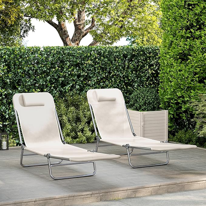 Outsunny 2 Piece Folding Chaise Lounge Chairs, Pool Sun Tanning Chairs with Reclining Back, Breathable Mesh Seat, Headrest for Beach, Yard, Patio, Cream White