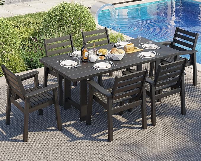 AMERLIFE 7-Piece HDPE Outdoor Dining Set with Umbrella Hole, 71" L Patio Table and Chairs Set for 6, Modern Garden Dining Set for Backyard, Poolside, Seaside, Porch, Black