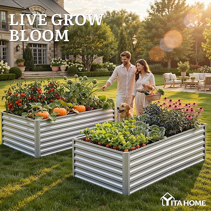 YITAHOME 6x3x2ft 2pcs Large Raised Garden Bed Kit, Galvanized Metal Planter Box with Gloves, Ground Nails, Support Rod, Outdoor Above Ground Planters for Plants Vegetables Flowers, Silver