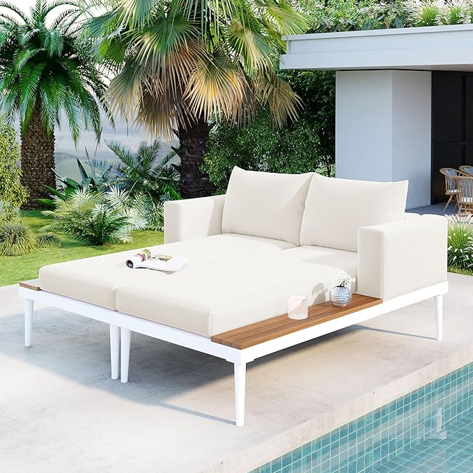 LUMISOL Outdoor Patio Daybed Metal Daybed with Cushions and Wood Topped Side Spaces for Drinks, 2 in 1 Padded Chaise Lounges for Poolside, Balcony, Deck, Beige