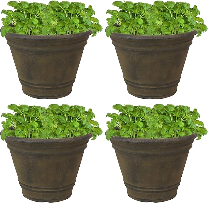 Sunnydaze 20-Inch Franklin Large Plant Pot - Polyresin Round Outdoor Planter with Drillable Drainage Hole - 4 Pack - Sable