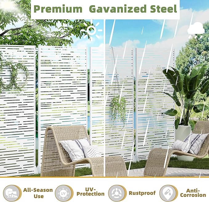 Casaphoria Metal Privacy Screen Outdoor, 72" H x 47" W Freestanding Decorative Privacy Screen for Patio Deck Balcony Garden with Stable Base, White-Shine