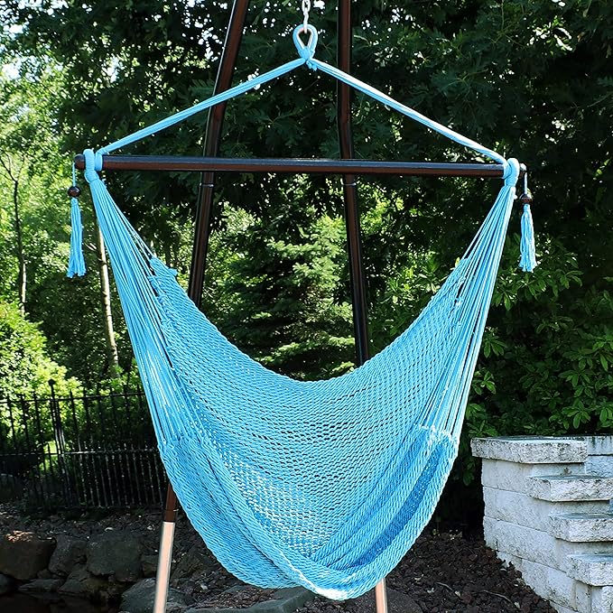 Sunnydaze Outdoor Hammock Chair Swing - Hanging Hammock Swing - Hanging Reading Chair - Soft-Spun Polyester Rope - Caribbean XL - Sky Blue