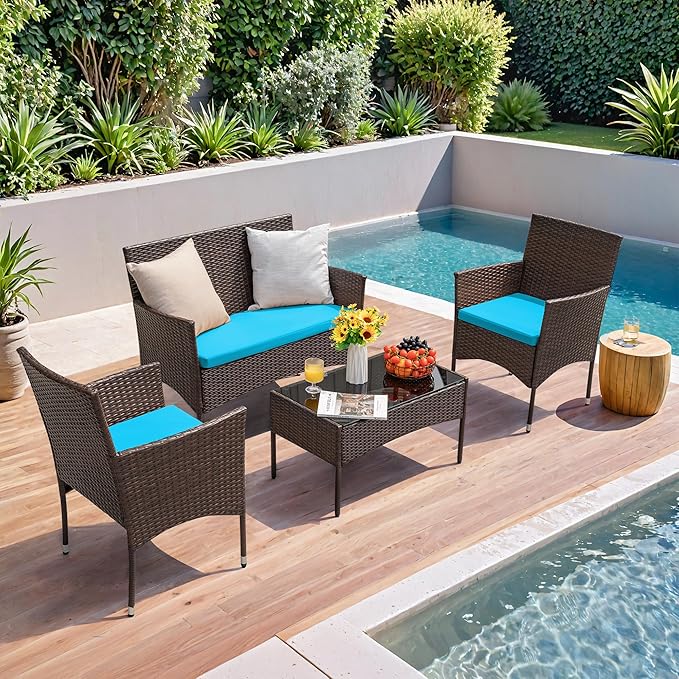 Homall 4 Pieces Patio Rattan Chair Wicker, Outdoor Indoor Use Backyard Porch Garden Poolside Balcony Furniture Sets (Blue)