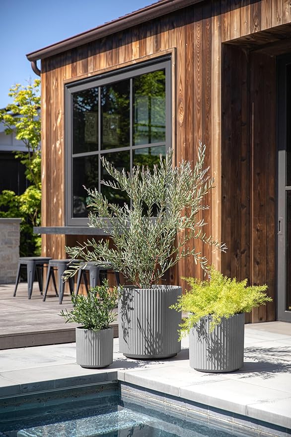 Veradek Demi Series Set of 3 Round Planters for Porch, Patio, Backyard | Durable Plastic-Concrete Material | Modern Décor for Tall Plants, Flower