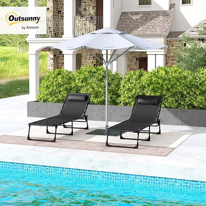 Outsunny Folding Chaise Lounge Chair Set of 2, Patio Sun Tanning Chair, Outdoor Chaise Lounger with 4-Position Reclining Back, Breathable Mesh Seat for Beach, Poolside, Black