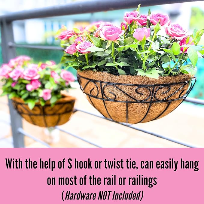 LaLaGreen 16 Inch Wall Mounted Flower Baskets, 4 Pack, Large Railing Planter Deck Rail Hanging Plant Pots Holders with Coco Liner Outdoor, Metal Herb Fence Porch Balcony Garden Patio Window Box Trough