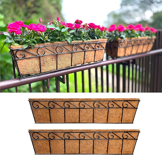 LaLaGreen Wall Mounted Planters - 30 Inch, 2 Pack Window Flower Pot Attach to House Outdoor, Balcony Plant Pot Over The Rail, Deck Railing Hanging Coco Liners, Metal Horse Troughs Fence Patio Porch