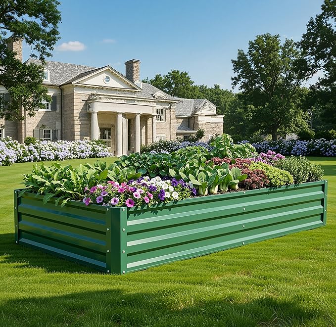 YITAHOME 6x3x1ft 2pcs Large Raised Garden Bed Kit, Galvanized Metal Planter Box with Gloves, Ground Nails, Support Rod, Outdoor Above Ground Planters for Plants Vegetables Flowers, Green