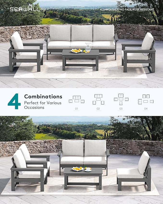 SERWALL HDPE Patio Conversation Set, 6-piece Sectional Outdoor Furniture Set, All Weather Outdoor Couch Set Patio Furniture Set for Deck, Lawn, Grey Frame with Khaki Cushion
