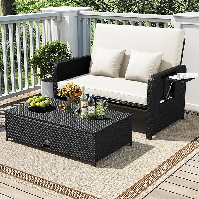 Tangkula Patio Rattan Daybed with 4-Level Adjustable Backrest, Outdoor PE Wicker Loveseat with Storage Ottoman & Folding Side Tray, Double Sunbed Lounger for Balcony, Backyard & Poolside (White)