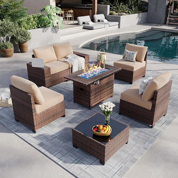 Aoxun 7 Piece Patio Furniture Set with Wide Armrests & 44” Fire Pit Table Wicker Rattan Outdoor Sectional Sofa Set with Coffee Table and Thick Cushion, Khaki (Waterproof Cover Included)