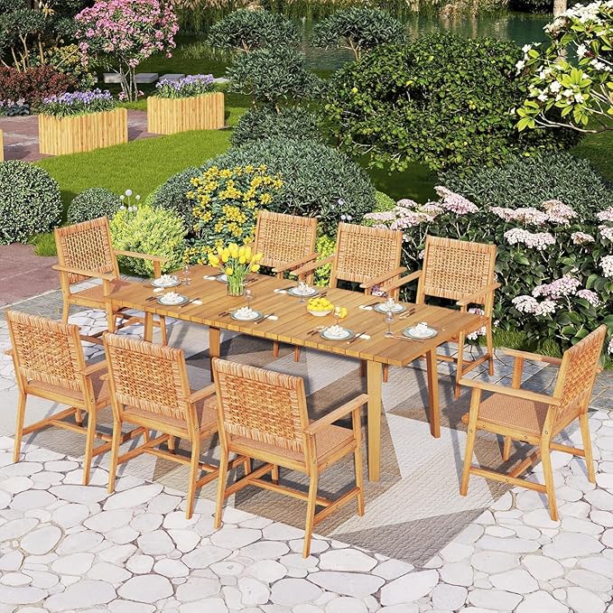 PHI VILLA 9 Pieces Acacia Wood Outdoor Dining Set for 8, Teak Rectangle Wooden Table & Chairs with Wicker Seat and Back, Farmhouse Dining Furniture Set for Patio, Deck, Yard, Porch
