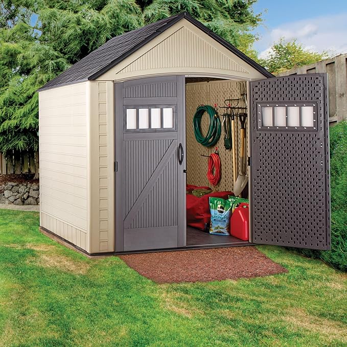 Rubbermaid Resin Outdoor Storage Shed with Floor (7 x 7 Ft) Weather Resistant, Brown Gable, Organization for Home/Backyard/Garden Tools/Lawn Mower/Bike Storage/Pool Supplies