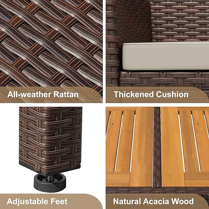 Devoko Dining 7 PCS Furniture, Patio Conversation Set with Acacia Wood Table Top, Outdoor, Beige Cushion and Brown Rattan