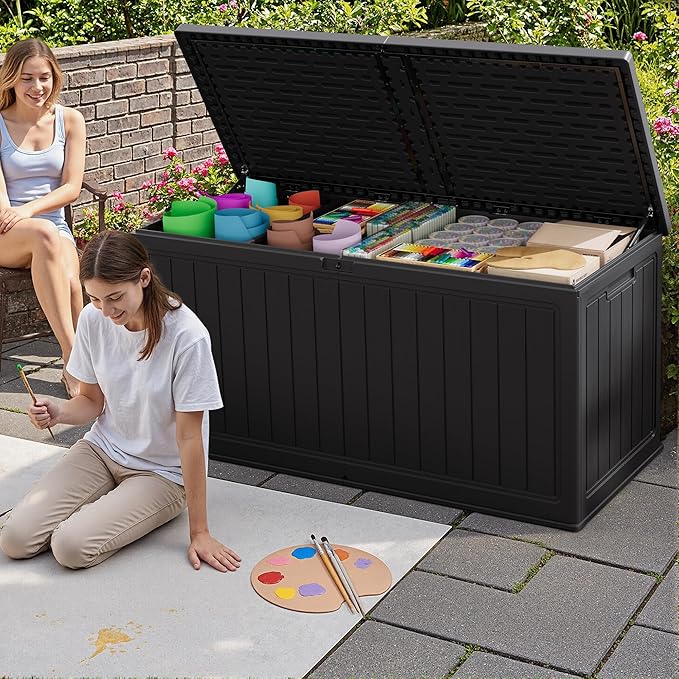 JUMMICO 270 Gallon Outdoor Storage Deck Box with Divider, Double Wall Storage Box with Lockable Lid for Garden Tools, Pools Supplies (Black)
