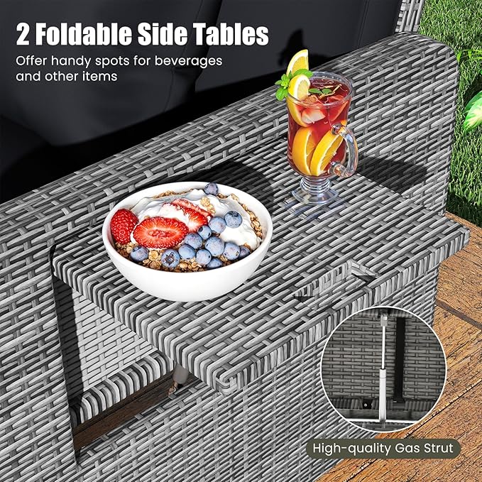 Tangkula Patio Rattan Daybed with 4-Level Adjustable Backrest, Outdoor PE Wicker Loveseat with Storage Ottoman & Folding Side Table, Double Sunbed for Balcony, Backyard & Poolside, Black & Grey