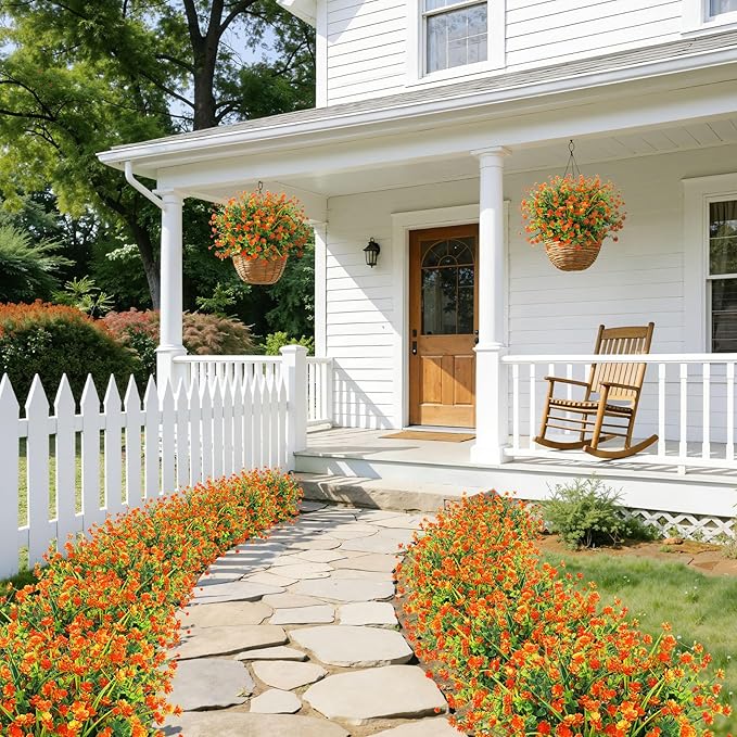 20 Bundles Artificial Flowers for Outdoors Fake Plastic Flowers UV Resistant Realistic Faux Plants Shrubs for Spring Summer Garden Porch Yard Patio Planter Window Box Home Decor, Orange