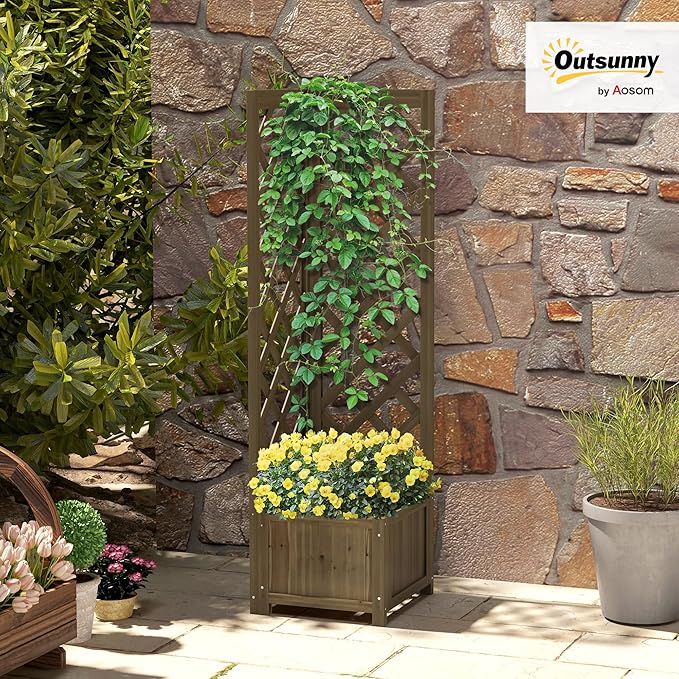 Outsunny Wooden Raised Garden Bed with Trellis, 57" Freestanding Corner Planter Box for Vine Plants Flowers Climbing and Planting Carbonized