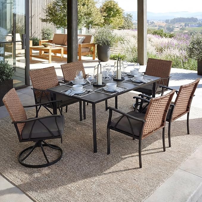7-Piece Patio Dining Set for 6, Outdoor Dining Set with Wicker Swivel Patio Dining Chairs with Cushions & Black Rectangular Woodgrain Dining Table with 1.75”Umbrella Hole, Black & Brown