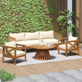 Merax Outdoor 4-Piece Acacia Wood Conversation Set - Patio 3-Seat Loveseat Sofa w/Coushion, 2 Armchair and Round Coffee Table for Backyard, Lawn, Balcony, Beige + Teak