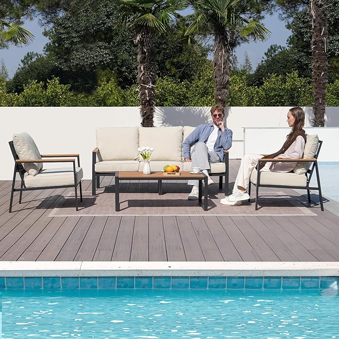 Patio Furniture Set, 4 Pieces Outdoor Furniture Patio Conversation Set with High Back, Faux-Wood Armrest and Tabletop, Outdoor Couch Patio Sofa Set for Balcony, Porch, Backyard, Beige