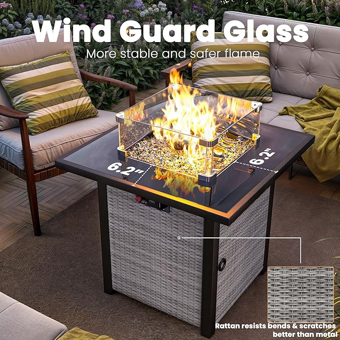 9 Piece Outdoor Patio Furniture Set with 28'' Fire Pit Table, Outdoor Sectional Furniture, Rattan & Wicker Modern Modular Conversation Set Sofa Couch W/Water Resistant Washable Thick Cushions, Beige
