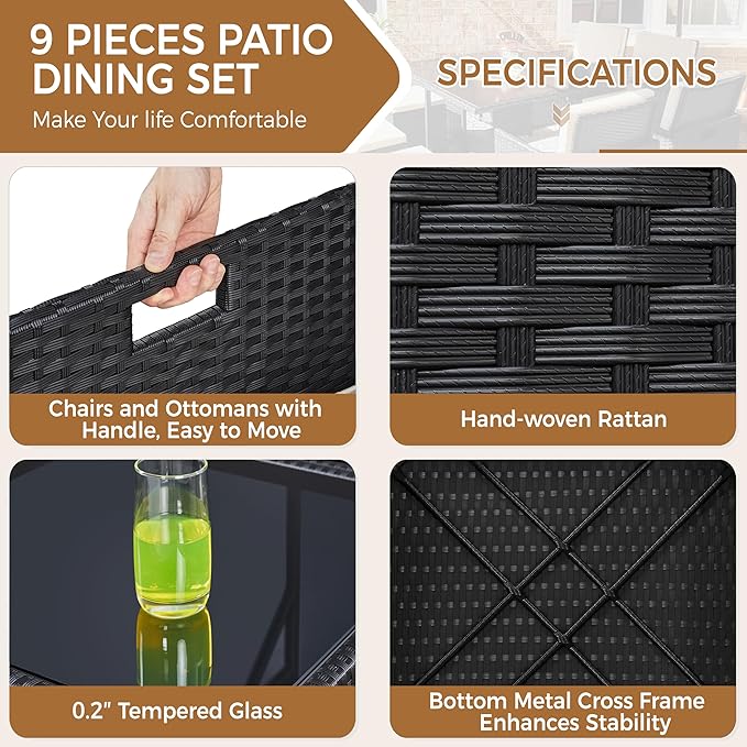 Yaheetech 9-Piece Patio Dining Sets, Outdoor Space Saving Rattan Chairs with Glass Table, Wicker Sectional Conversation Furniture Set with Removeable Cushions, Black/Beige