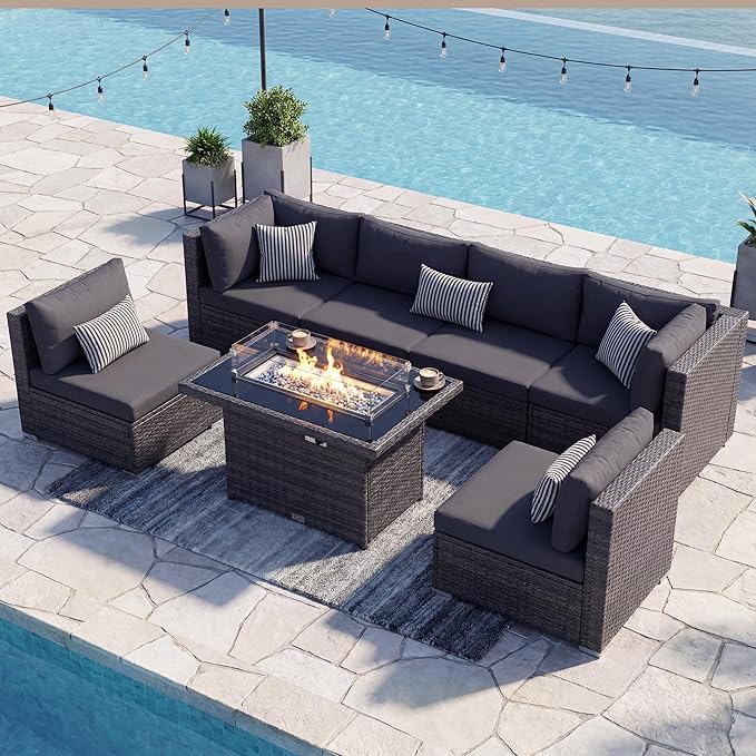 NICESOUL 29.3'' High Back Outdoor Patio Sectional Furniture Sofa Set with Fire Pit Table Natural Gas/Propane, 7 Piece Luxury Extra-Large Wicker Conversation, Deep Wide Couches for Backyard, Dark Gray
