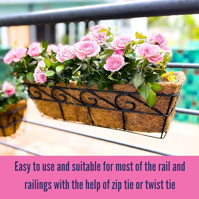 LaLaGreen Wall Planters for Outdoor Plants (2 Pack, 16 Inch) Window Flower Boxes Basket Attach to House, Deck Railing Strawberry Planters with Coco Liners BalconyTroughs Fence Patio Porch Over Rail