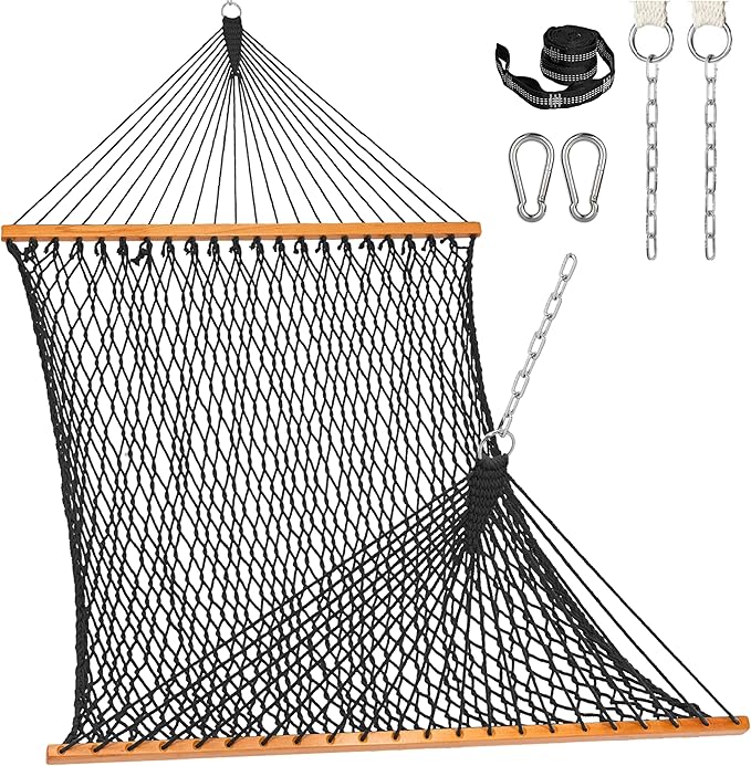Lazy Daze Hammocks Double Rope Hammock, 2 Person Traditional Outdoor Hand Woven Cotton Rope Hammock with Spreader Bar, Carabiners, Tree Straps, Chains for Patio Yard - Max 450 Lbs, Dark Grey