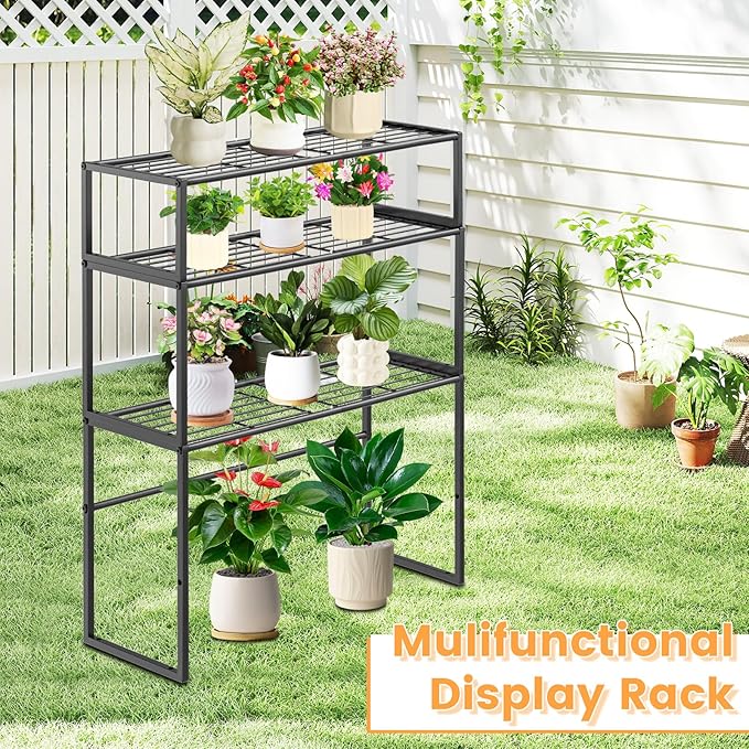 3 Tier Metal Plant Stand Indoor Outdoor, Potted Multiple Flower Pot Holder Rack Plant Shelf, Heavy Duty Planter Display Shelving for Patio Balcony Garden Living Room Decorative (3 Tier- Black)