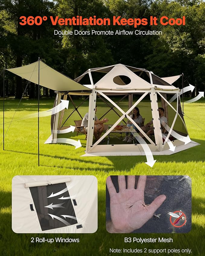 VEVOR Pop up Gazebo Screen Tent, 15 x 15 ft, 13-Sided Spherical Camping Canopy Tent with Removable Top & Carry Bag, Quick-Set & Bite-Proof, Screen House Sun Shelter for 12-15 Persons, Beige