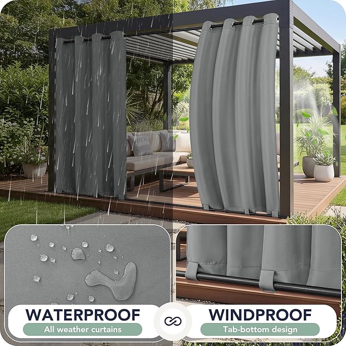 Outdoor Curtains for Patio Waterproof 6 Panels - Windproof, Privacy, Weatherproof Outside Drapes for Gazebo Pergola Porch, Grommet Top and Tab Bottom, 54x108 Inch, Grey