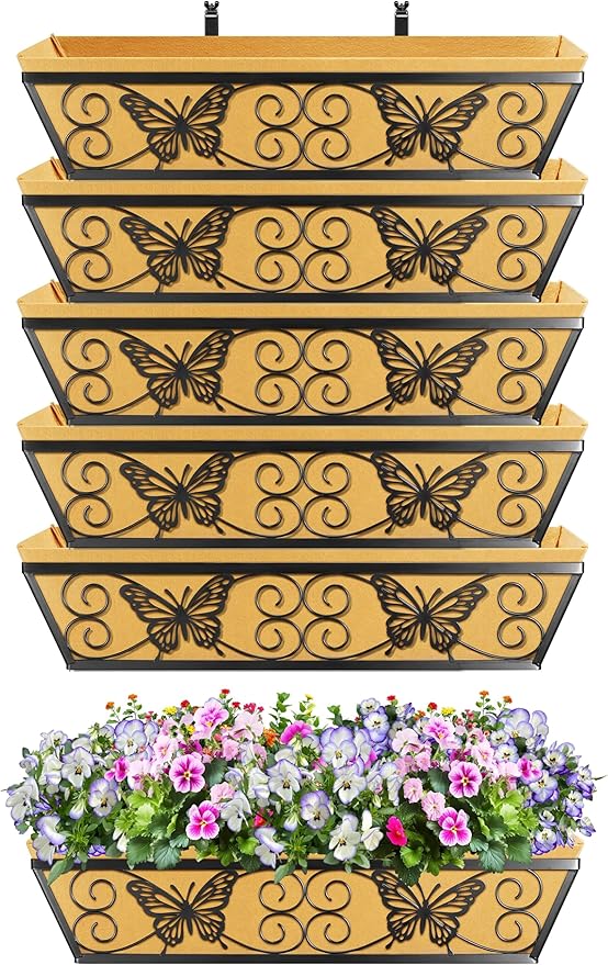 6 Pack 24 Inch Window Boxes Planters Railing Planter Box with Adjustable Brackets for Porch Fence Patio Balcony Hanging Flower Baskets with Woven Fabric for Outdoor Garden Decor - Black
